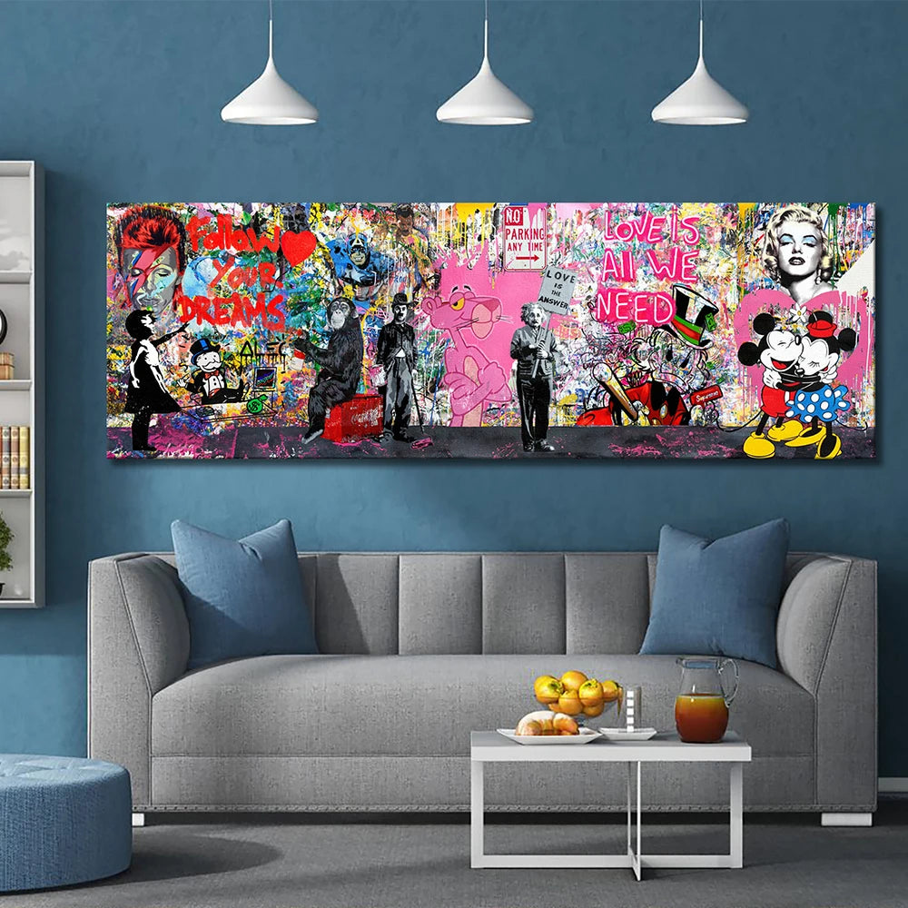 Banksy Multi Character Graffiti Popular Pattern Art Canvas Poster Mickey Monopoly Living Room Home Fashion Wall Decor Paintings