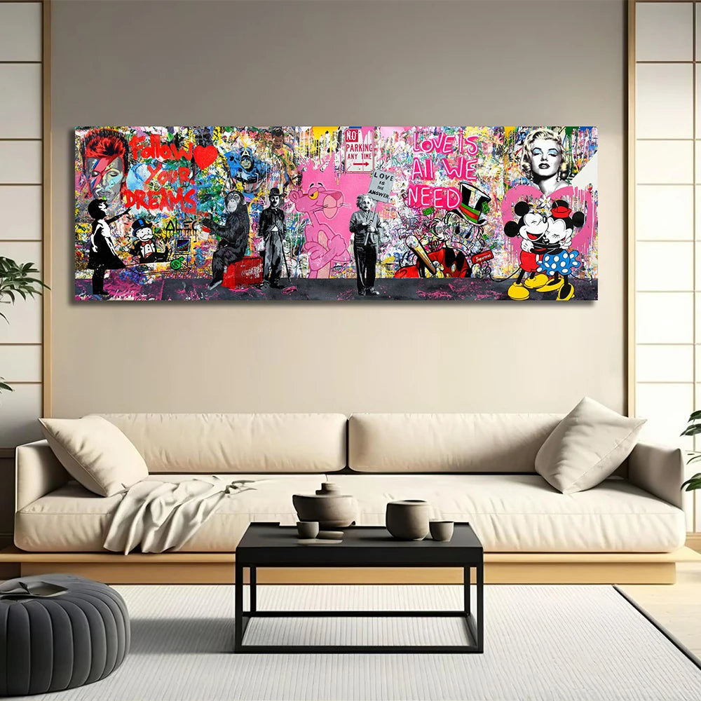 Banksy Multi Character Graffiti Popular Pattern Art Canvas Poster Mickey Monopoly Living Room Home Fashion Wall Decor Paintings