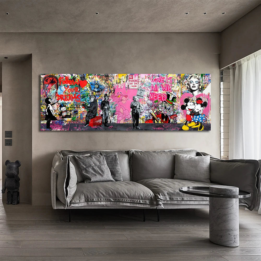 Banksy Multi Character Graffiti Popular Pattern Art Canvas Poster Mickey Monopoly Living Room Home Fashion Wall Decor Paintings