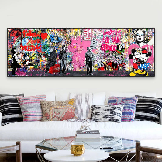 Banksy Multi Character Graffiti Popular Pattern Art Canvas Poster Mickey Monopoly Living Room Home Fashion Wall Decor Paintings