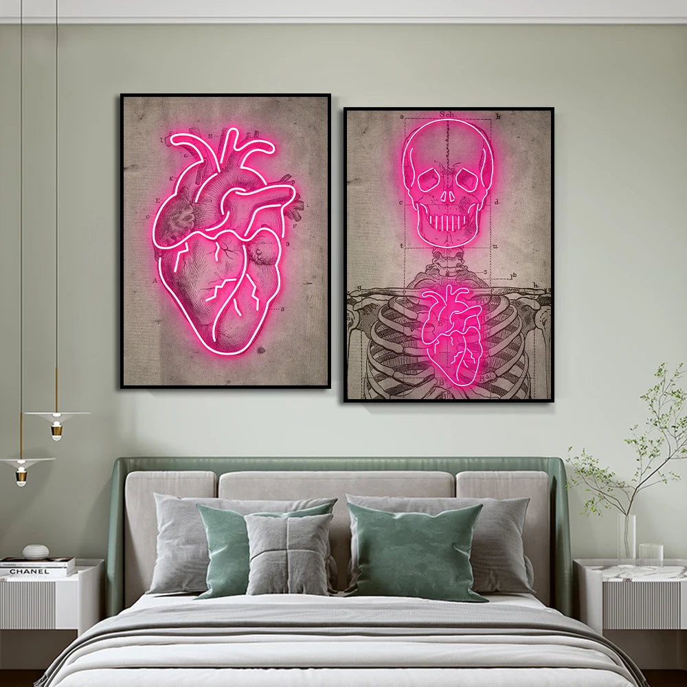 Abstract Pink Neon Skeleton Heart Painting Posters HD Print On Canvas Painting Wall Art Picture For Living Room Home Decoration