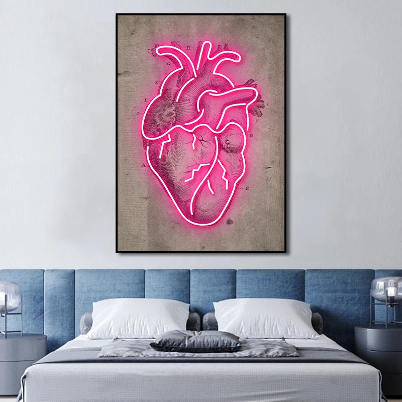 Abstract Pink Neon Skeleton Heart Painting Posters HD Print On Canvas Painting Wall Art Picture For Living Room Home Decoration