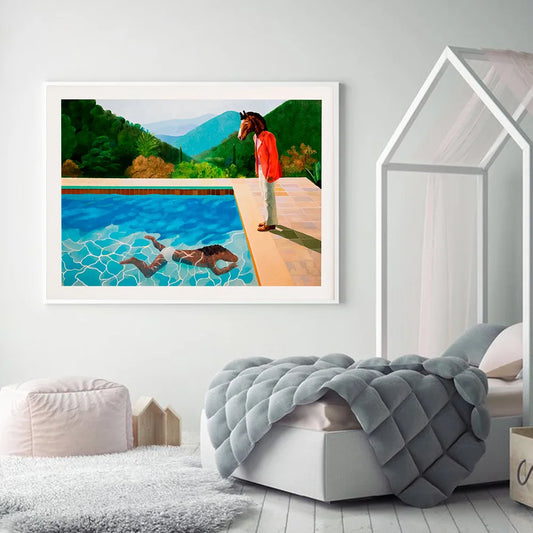 Bojack Print Poster David Hockney Inspired Two Horses Swimming Pool Canvas Painting Mural Art Cartoon Picture Living Room Decor