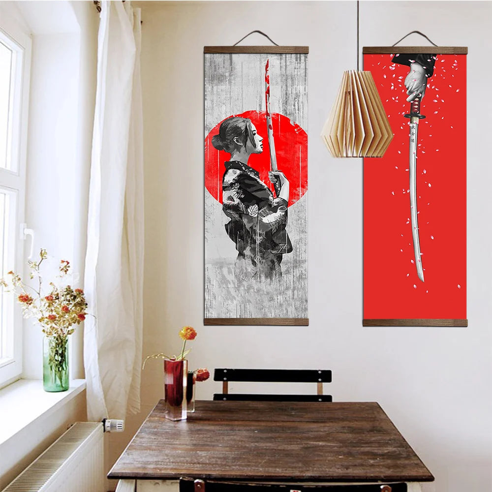 Japanese Samurai Ukiyoe for Canvas Posters and Prints Decoration Painting Wall Art Home Decor with Solid Wood Hanging Scroll