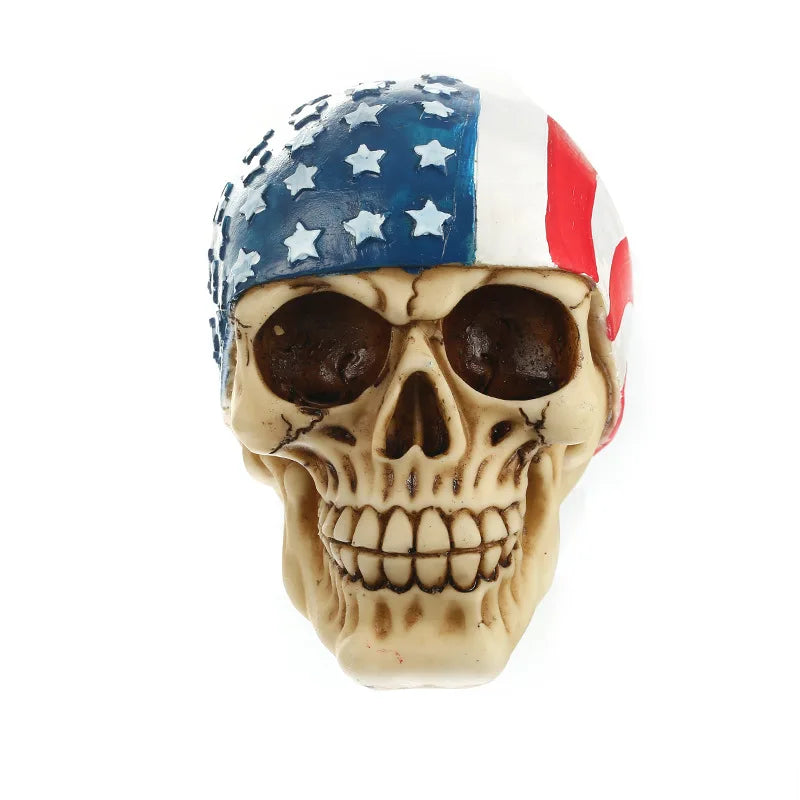 Moquerry  American flag Resin Statues Sculpture Decorative Human Skull Replica patriotic Creative Human Head Model Halloween