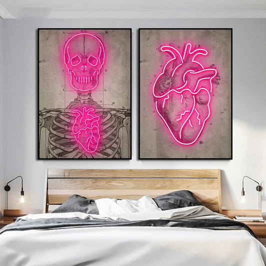 Abstract Pink Neon Skeleton Heart Painting Posters HD Print On Canvas Painting Wall Art Picture For Living Room Home Decoration