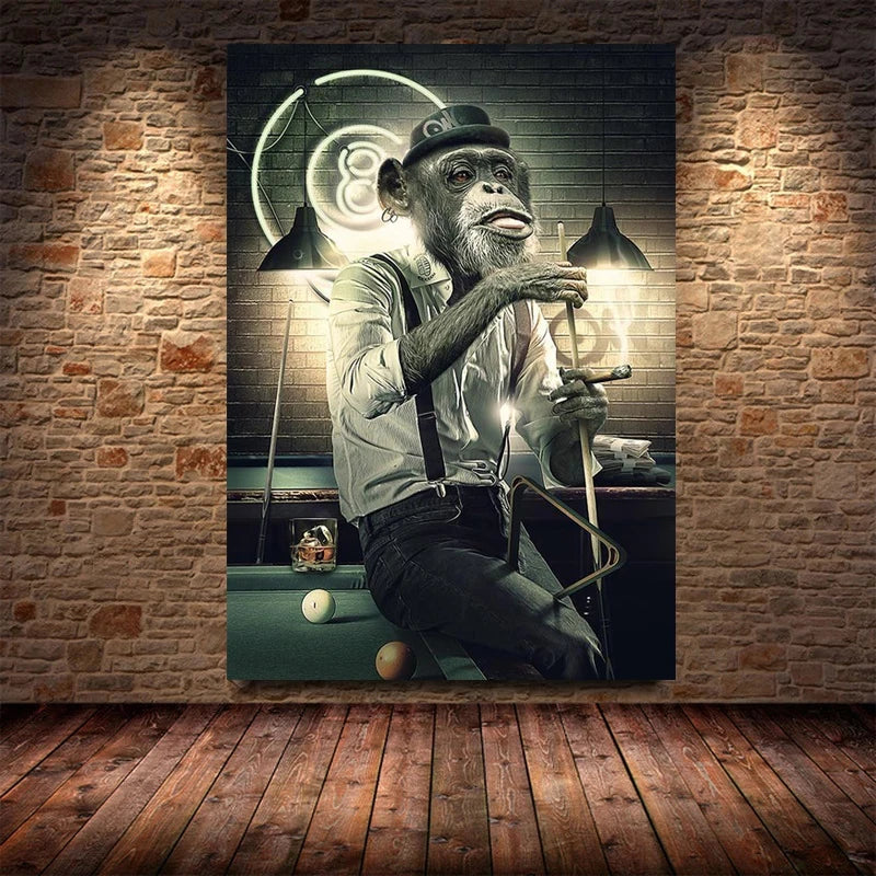 Art Black Smoking Monkey Playing Cards Billiard Room Bar Canvas Painting Abstract Animal Wall Posters Aisle Home Decoration