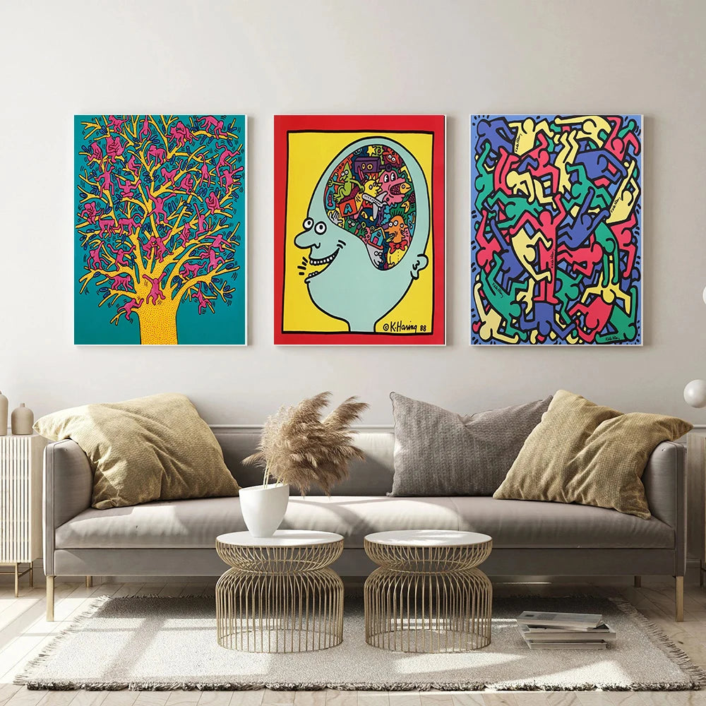 Keith Fashion Brain Poster Monkey Tree Print Human Dancers Art Exhibition Pop Gallery Canvas Roll Painting Decor For Living Room