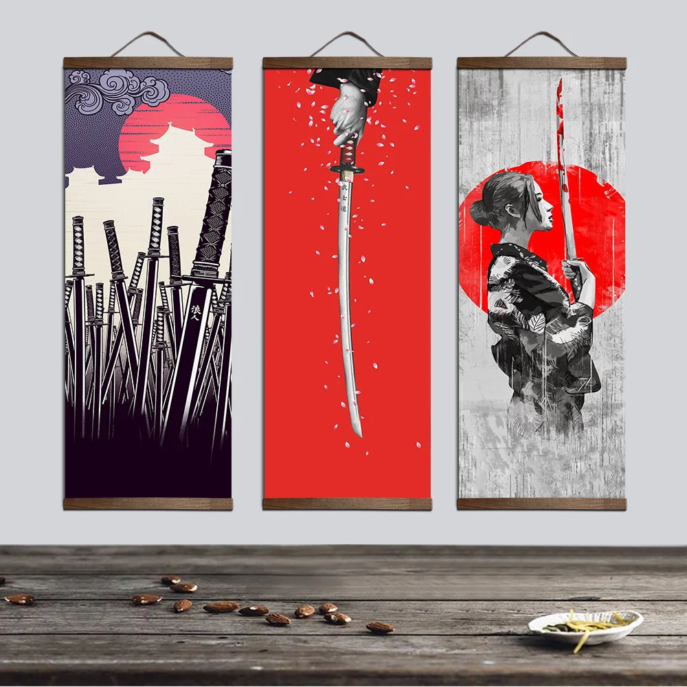 Japanese Samurai Ukiyoe for Canvas Posters and Prints Decoration Painting Wall Art Home Decor with Solid Wood Hanging Scroll