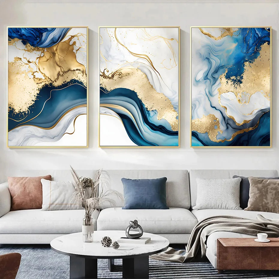 Modern Abstract Gold Blue Marble Wall Art Posters Canvas Painting Prints Pictures Bedroom Living Room Interior Home Decoration