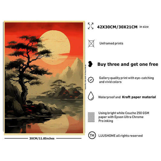 Japanese Natural Landscape Mountain Temple Canvas Painting Red Black Posters Vintage Ink Art Wall Prints for Room Home Decor