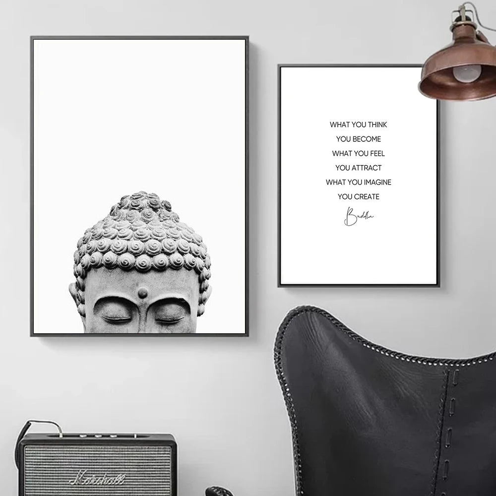 Black And White Buddha Statue Quote Poster Prints Minimalism Aesthetic Meditation Religion Buddhist Canvas Wall Art Home Decor