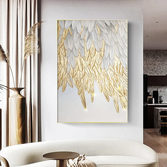 White Gold Feather Leaf Painting Large Luxury Wall Art Canvas Poster Print Abstract Picture for Living Room Home Decor Cuadros