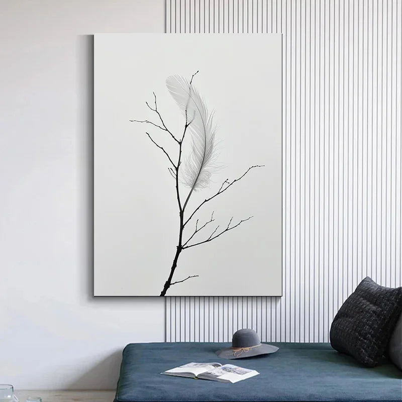 White Feathers Hanging on Branches Decorative Paintings 1pcs Wall Decoration Poster Canvas Printing Decor for Room Posters Home