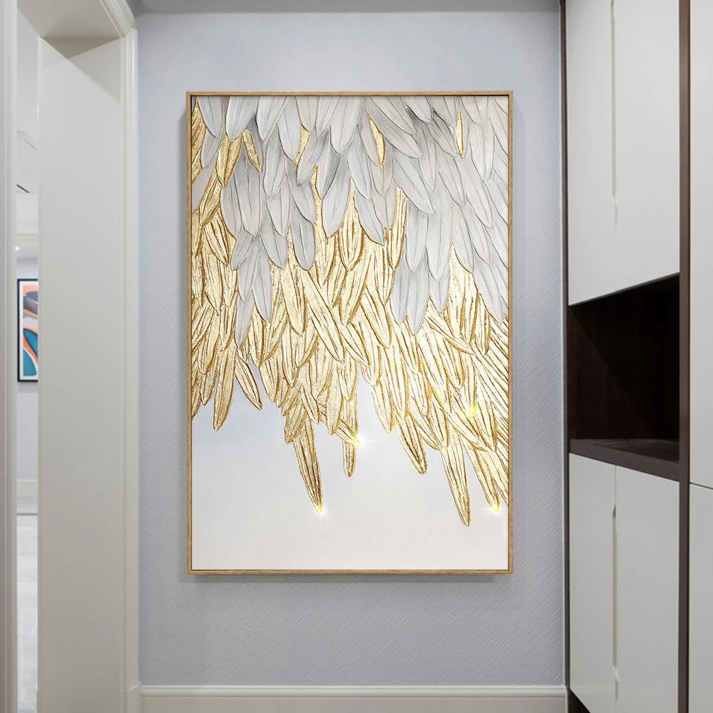 White Gold Feather Leaf Painting Large Luxury Wall Art Canvas Poster Print Abstract Picture for Living Room Home Decor Cuadros