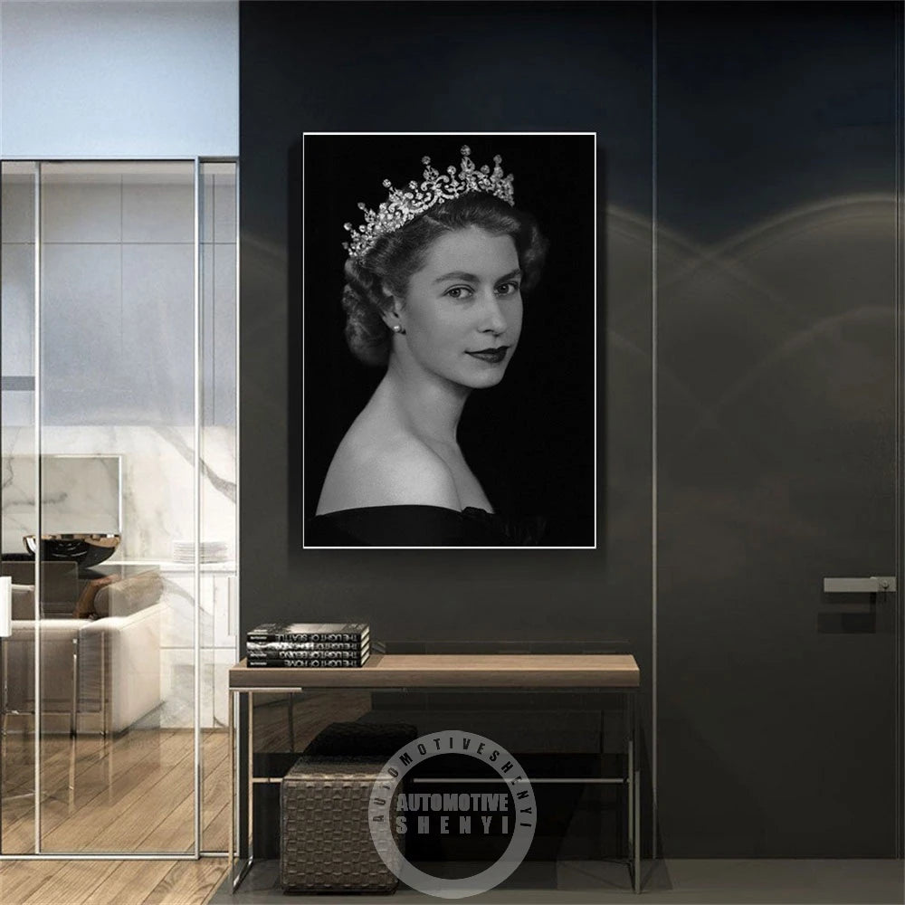 Queen Elizabeth II Portrait Poster British Queen Canvas Painting Black And White Print Wall Art Picture Living Room Home Decor