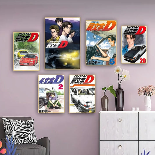 Initial D Poster Self-adhesive Art Poster Retro Kraft Paper Sticker DIY Room Bar Cafe Vintage Decorative