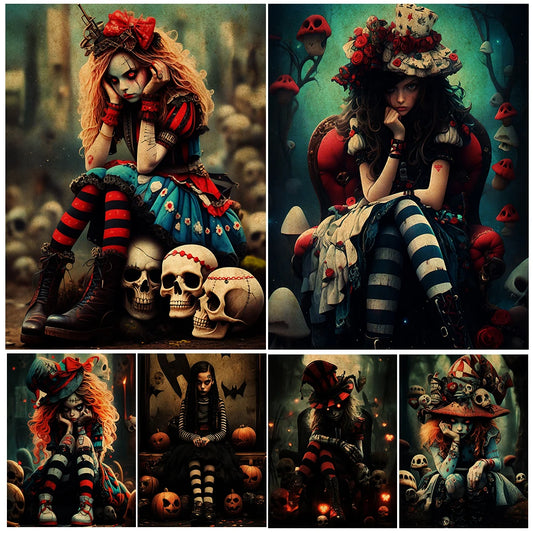 Creepy Clown Girl And Skeleton Vintage Wall Art Canvas Painting Abstract Fantasy Horror AI Art Poster And Print Home Decoration