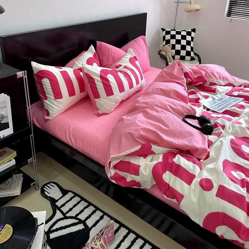 Korean Style Pink Letter Bedding Set Flat Bed Sheet Pillowcase Twin Full Queen Size Bed Linen Women Girls Duvet Cover No Filling