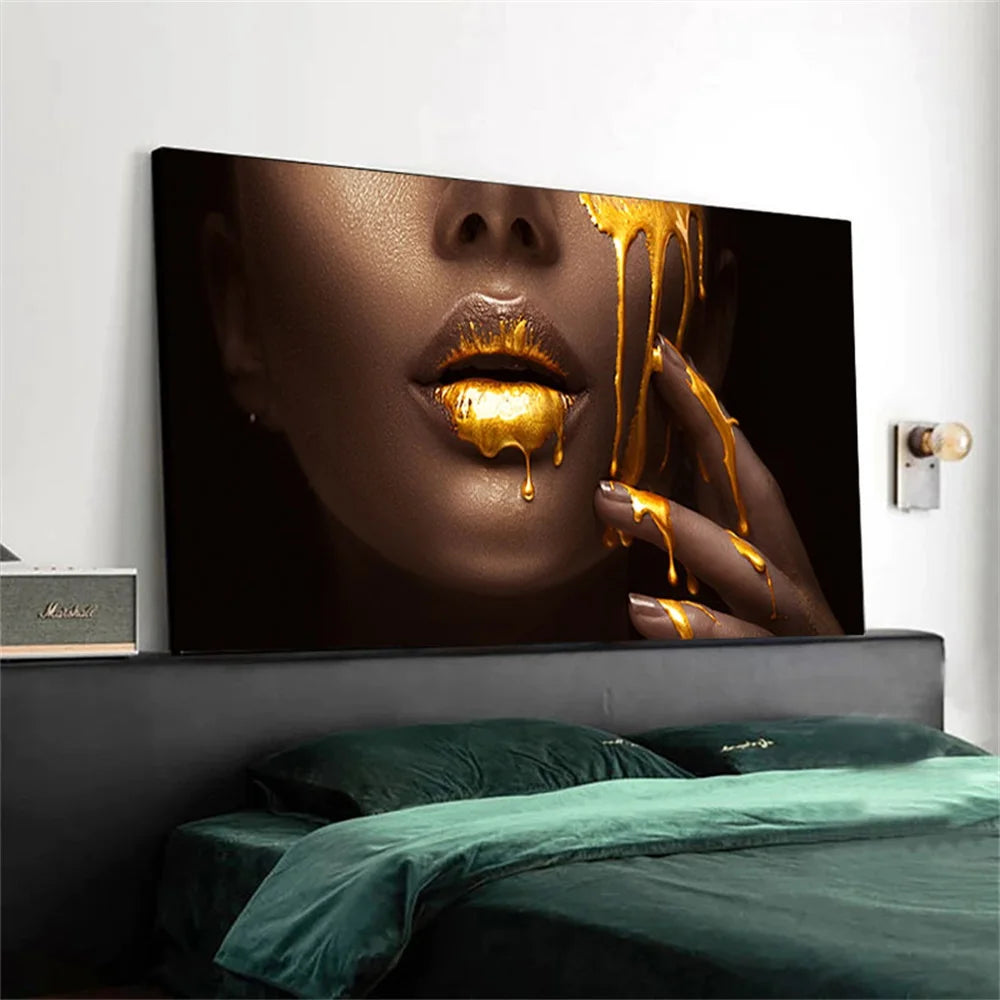 Large Size Black Women Poster Print Golden Sexy Lips Canvas Paintings Modern Wall Art Pictures For Living Room Home Decoration