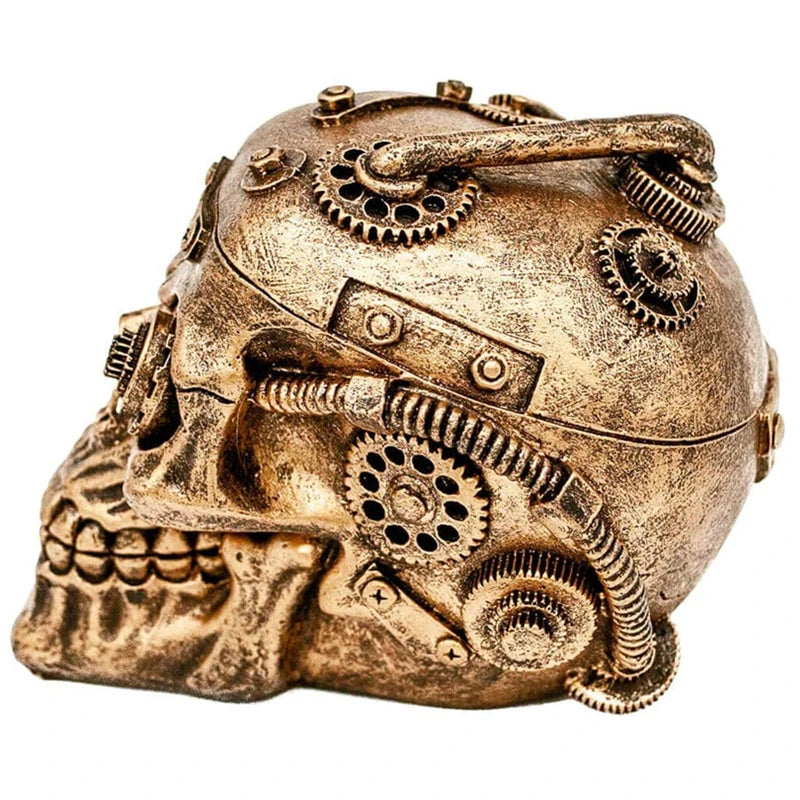 Halloween Steampunk Skull Home Decor - Sci-fi Human Head Skeleton Cranium Figurine Cyborg Protruding Gearwork Statue