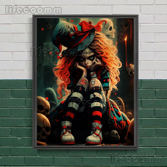 Creepy Clown Girl And Skeleton Vintage Wall Art Canvas Painting Abstract Fantasy Horror AI Art Poster And Print Home Decoration