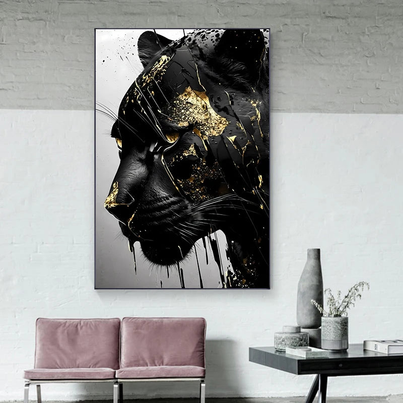 Abstract Black Panther with Golden Texture Canvas Painting Black and Gold Animal Posters for Living Room Decoration Cuadros