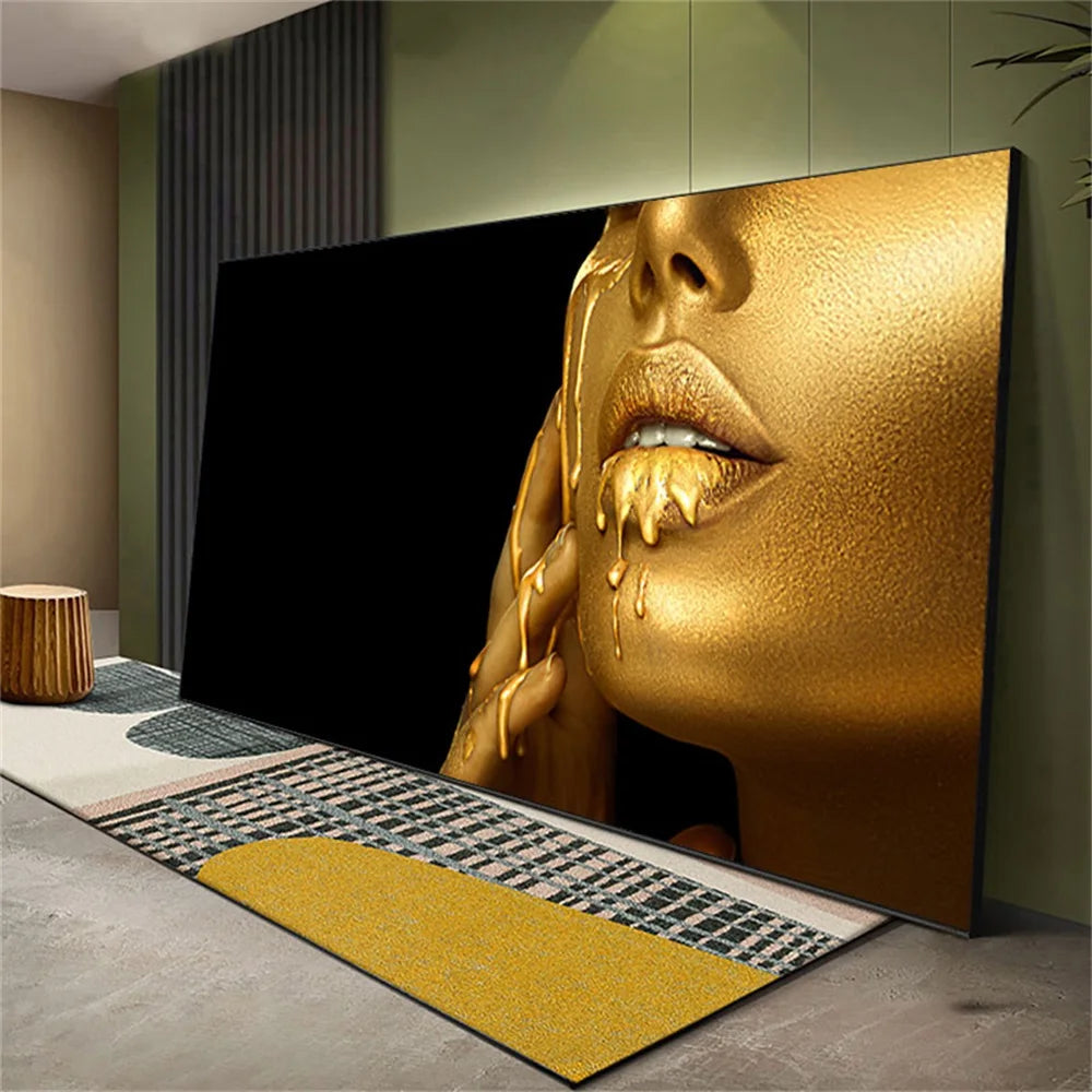 Large Size Black Women Poster Print Golden Sexy Lips Canvas Paintings Modern Wall Art Pictures For Living Room Home Decoration