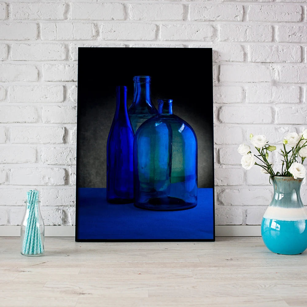 Glass Bottle Wineglass Canvas Painting Print Wall Art Posters Red Blue Pictures for Living Room Wine Storage Room Decor Cuadros