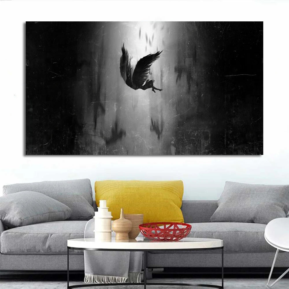 The Angel Lucifer Falls From Heaven Canvas Painting Black Wings Anime Posters and Prints for Living Room Decoration Cuadros