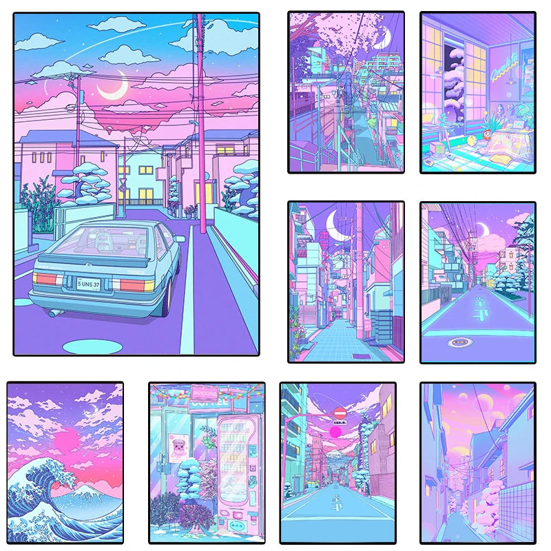 80S Neon City Street Vaporwave Canvas Poster Korean Street Moon Anime Decorative Painting Wall Art Prints Kids Kawaii Room Decor