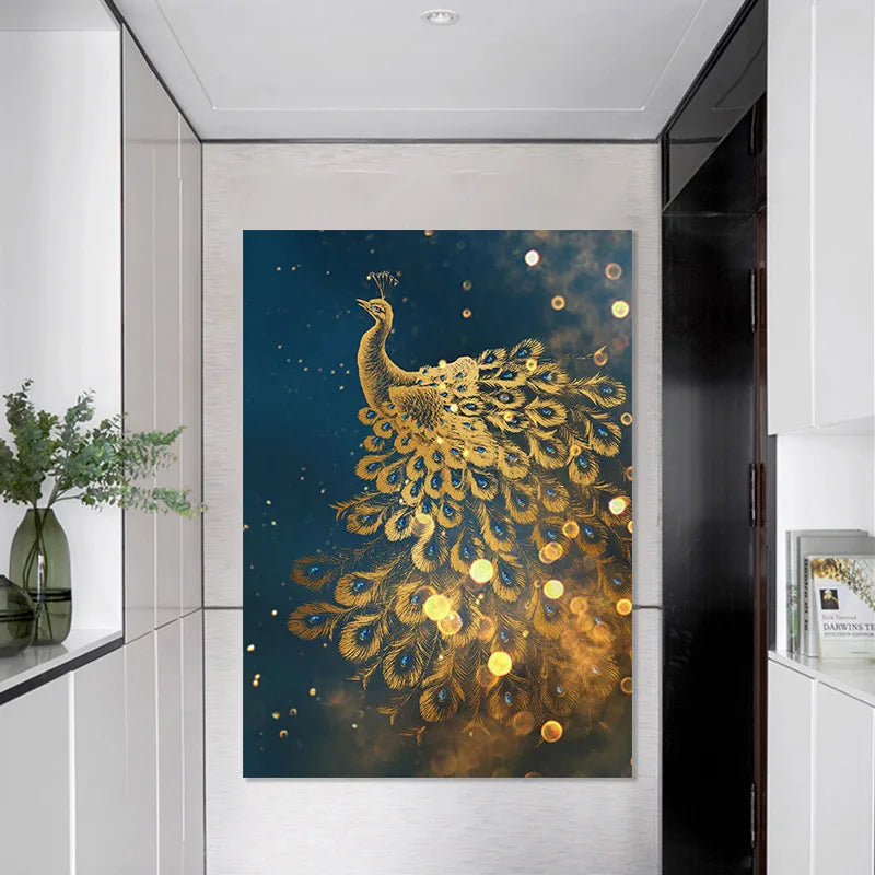 Decorative Painting Gold Peacock Leaf Wall Art Canvas Painting Light Luxury Waterproof Poster Print Wall Art Living Room