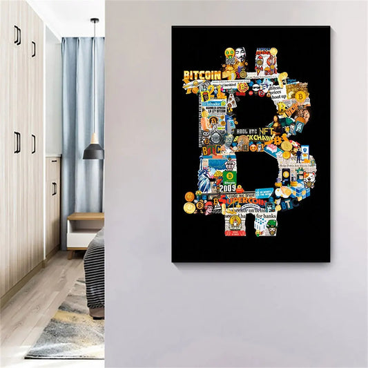 Abstract Bitcoin Crypto Poster Print Graffiti Stitching Creative Canvas Painting Modern Wall Art Picture Living Room Home Decor