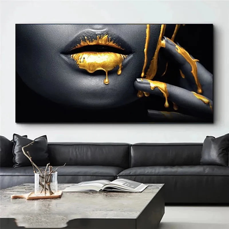 Portrait Figure Painting Wall art Black Africa Woman Golden Lip Canvas Posters and Prints Wall Art Picture for Living Room