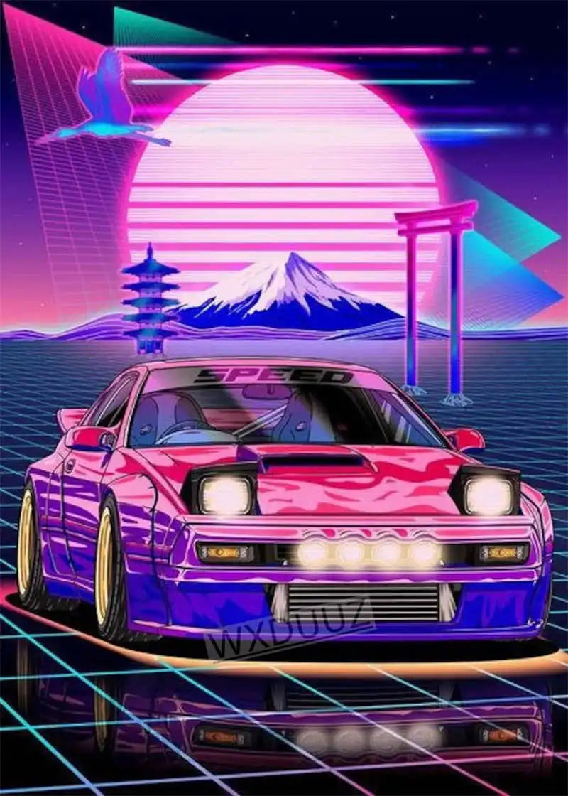 80s Japan Street Car Racing Neon Wall Art Home Decor Painting Kawaii Room Decoration Wall Painting posters canvas painting