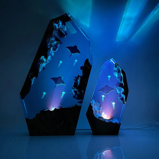 Sea World Organism Resin Table Light Creactive Art Decoration Lamp Manta Rays Jellyfish Theme Night Light  USB Charge