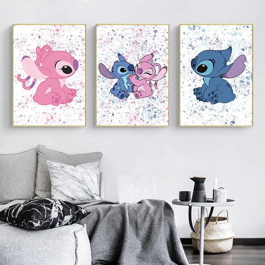 Lilo And Stitch Watercolor Prints Stitch Canvas Painting Poster Blue and Pink Art Picture For Children Room Christmas Gift Decor