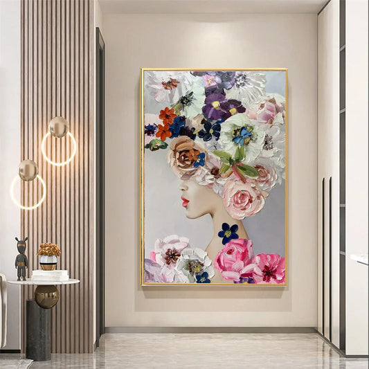 Flower Head Woman Art Painting Poster Color Flower Wall Art Canvas Painting Floral Textured Print Wall Art Room Home Decoration