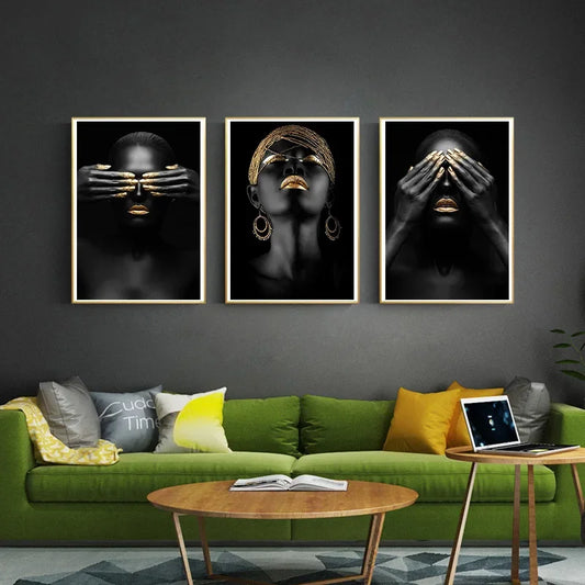 Modern Pop Wall Art African Black and Gold Woman Fashion HD Canvas Poster Prints Home Bedroom Living Room Decoration Gifts