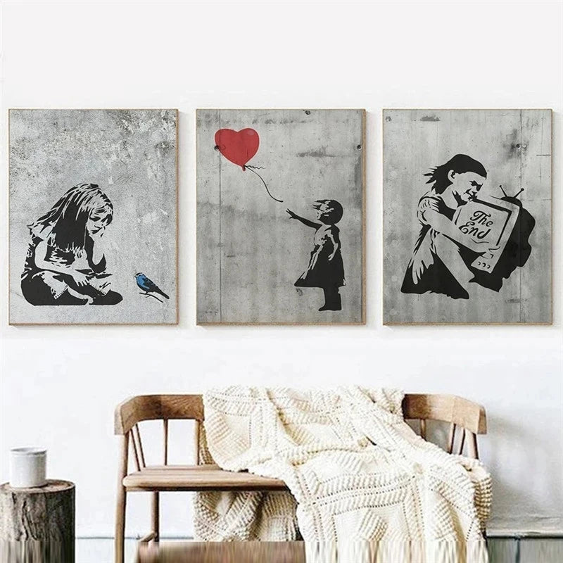 Banksy Graffiti Artwork Canvas Painting Prints Wall Art Pictures Girl with Red Balloon Black White Posters Nordic Home Decor