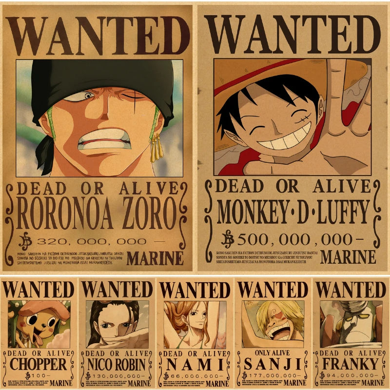 Hot Luffy Action Figure Wanted Poster Craft Print Wall Sticker Vintage Japanese Anime Stickers One Piece Wallpaper Paintings