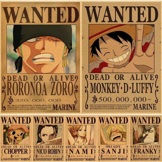 Hot Luffy Action Figure Wanted Poster Craft Print Wall Sticker Vintage Japanese Anime Stickers One Piece Wallpaper Paintings