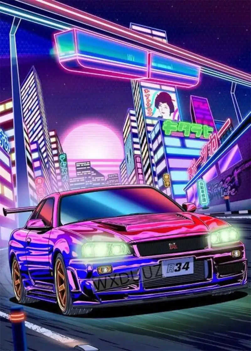 80s Japan Street Car Racing Neon Wall Art Home Decor Painting Kawaii Room Decoration Wall Painting posters canvas painting