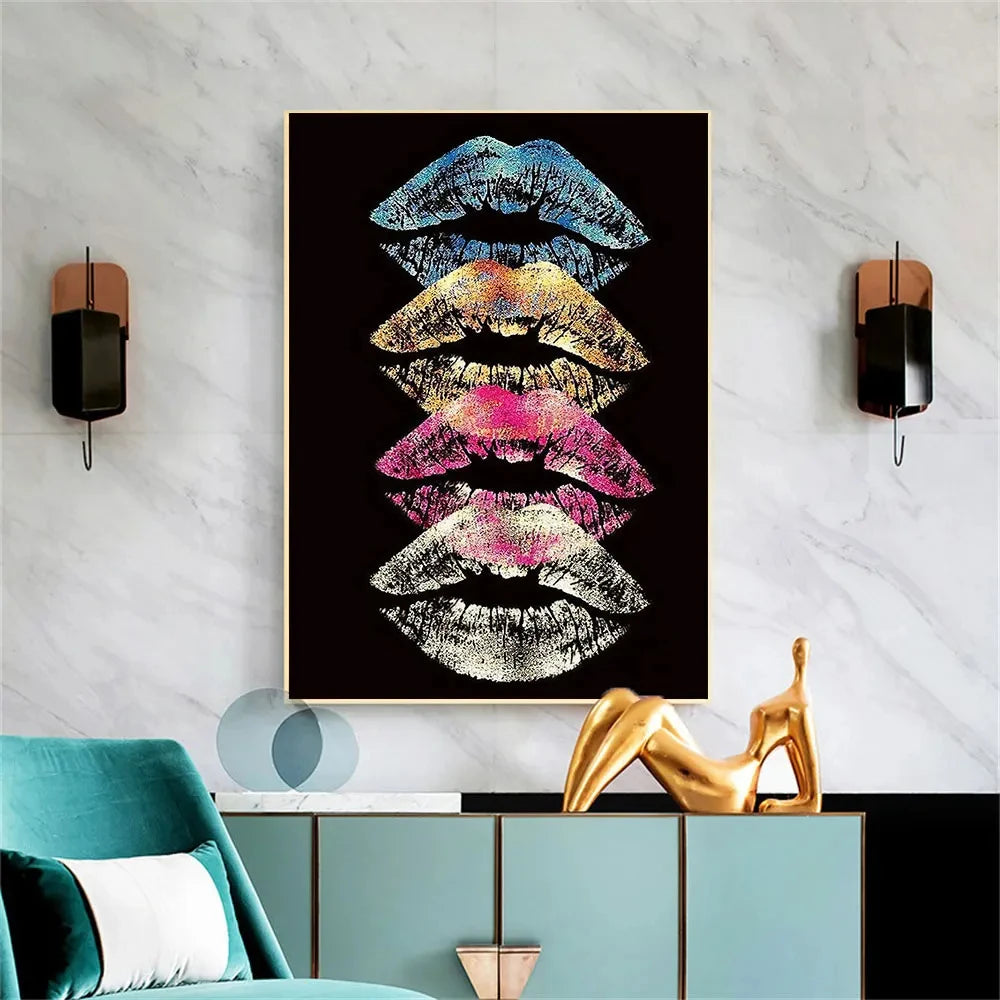 Modern Colorful Lipprint Black Wall Poster Canvas Painting Abstract Lip Wall Art Painting Printmaking Living Room Home Pictures