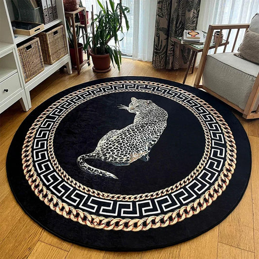 Luxurious Leopard Carpet Gold Chain Living Room Round Rug Anti-slip Home Room Decor Rugs Bedroom Bedside Coffee Table Floor Mat