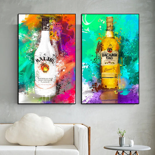 Wine Bottle Graffiti Art Poster Nordic Abstract Champagne Watercolor Canvas Painting Wall Art Kitchen Bar Room Home Decoration