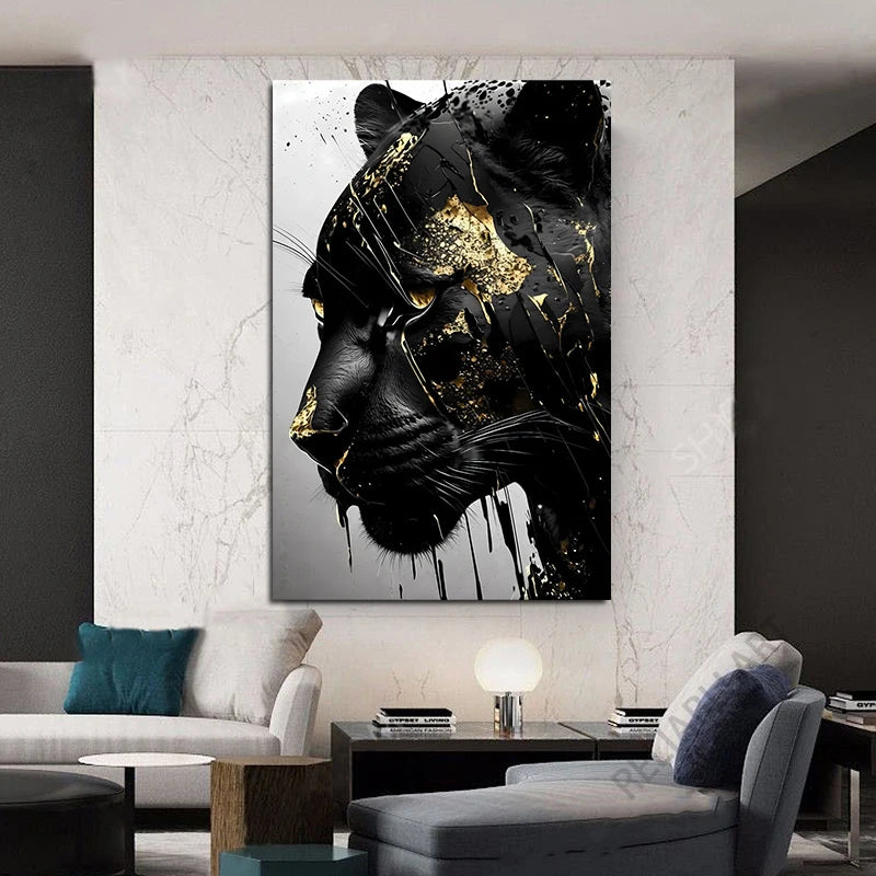 Abstract Black Panther with Golden Texture Canvas Painting Black and Gold Animal Posters for Living Room Decoration Cuadros