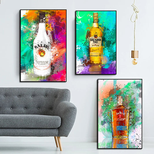 Wine Bottle Graffiti Art Poster Nordic Abstract Champagne Watercolor Canvas Painting Wall Art Kitchen Bar Room Home Decoration