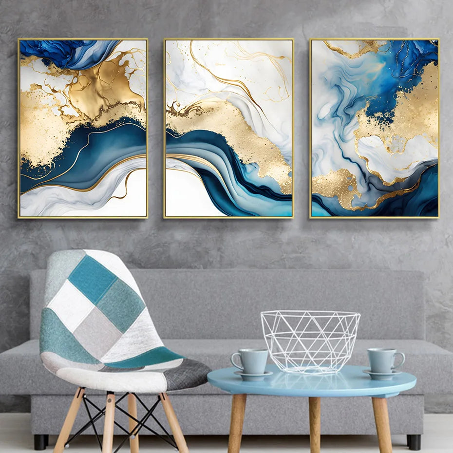 Modern Abstract Gold Blue Marble Wall Art Posters Canvas Painting Prints Pictures Bedroom Living Room Interior Home Decoration