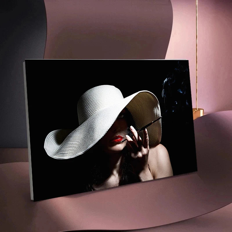 Fashion Women Black Hat Sexy Red Lip Rose Wall Art Poster Canvas Painting Modern Art Picture for Living Room Home Decor Cuadros